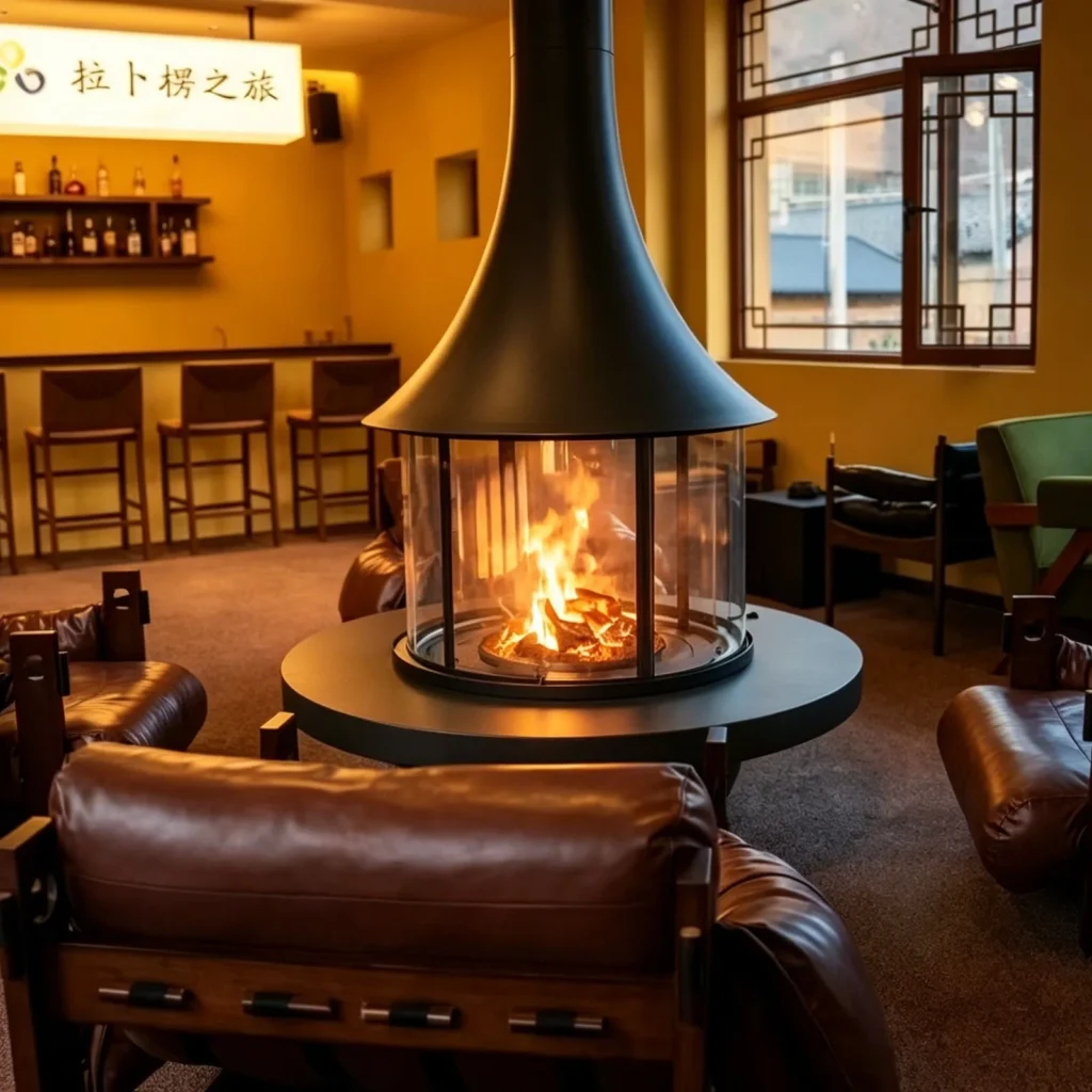 Suspended Trumpet Fireplace in black — front view