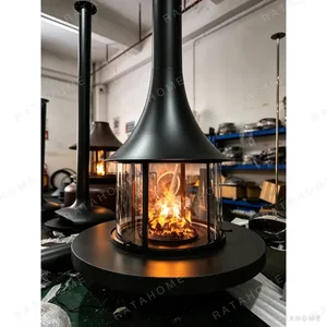 Suspended Trumpet Fireplace in black — in a room setting
