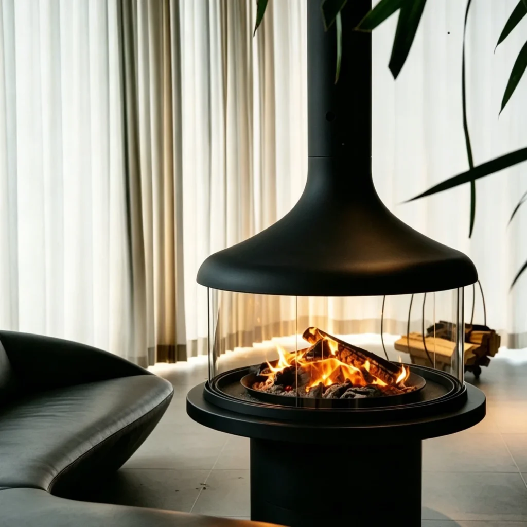 Suspended 360-Degree Glass Fireplace for the Home in black — front view