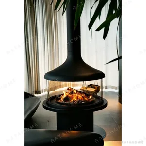 Suspended 360-Degree Glass Fireplace for the Home in black — in a room setting