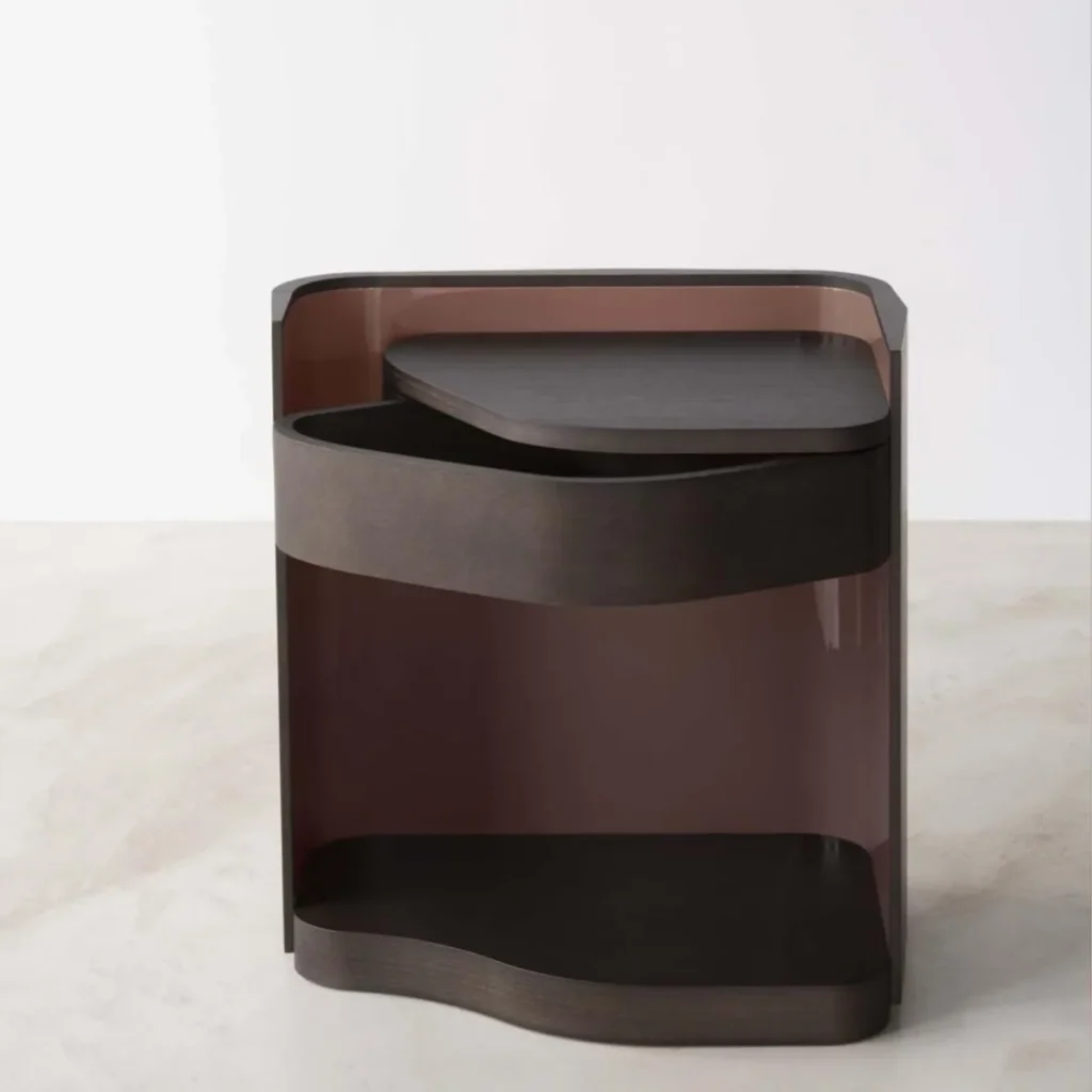 Sculpted Wraparound Nightstand in Dark Lacquer — front view