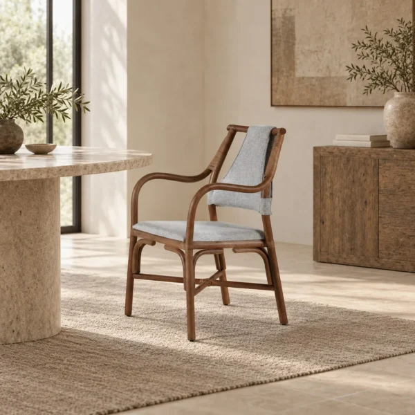 Suzhuo Dark Khaki Rattan Armchair with Fabric Seat in clay — in a room setting