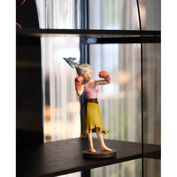 Sweet Strike Boxing Girl Artist Sculpture, Gift Boxed in rose stone — in a room setting