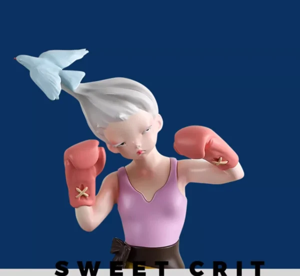 Sweet Strike Boxing Girl Artist Sculpture, Gift Boxed in rose stone — in a room setting