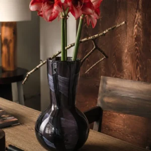 Smoked Black Swirl Glass Vase with Flared Neck in black — front view