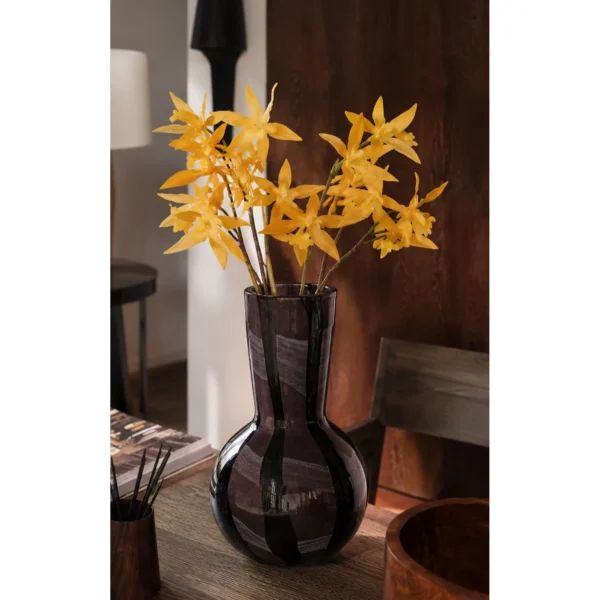 Smoked Black Swirl Glass Vase with Flared Neck in black — in a room setting