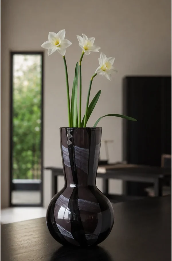 Smoked Black Swirl Glass Vase with Flared Neck in black — in a room setting