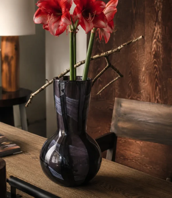 Smoked Black Swirl Glass Vase with Flared Neck in black — in a room setting