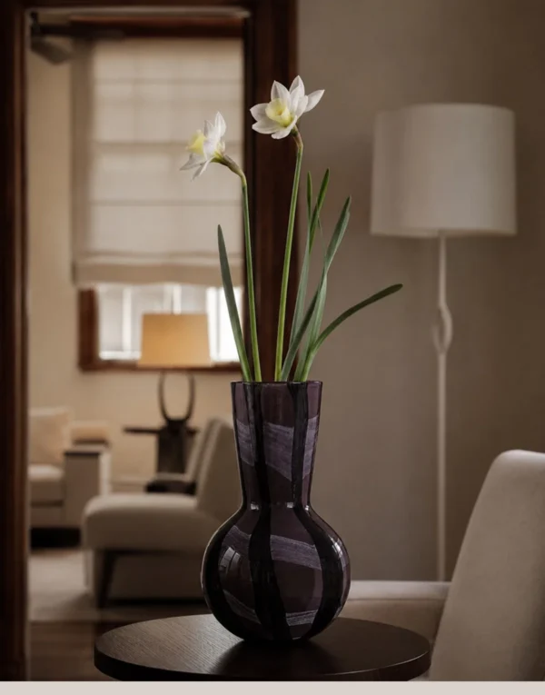 Smoked Black Swirl Glass Vase with Flared Neck in black — in a room setting