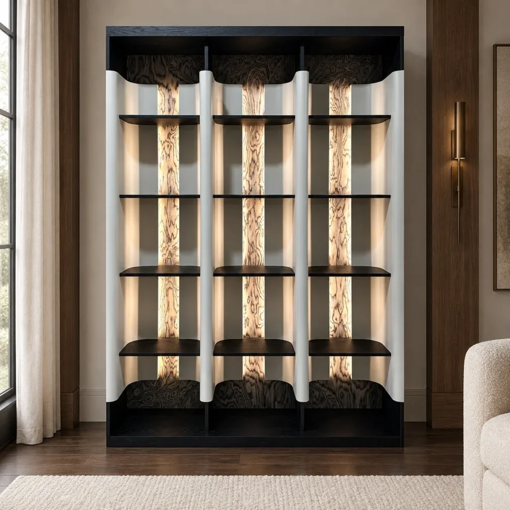 Curved T-Column Bookcase with Lit Marble Panels, Compact in oatmeal — front view