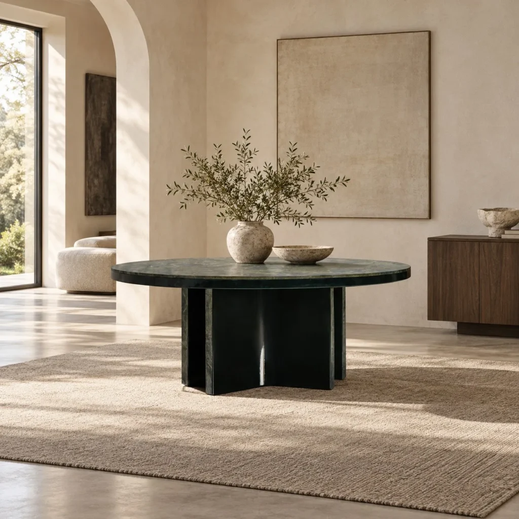 Antica Round Green Stone Table on Cross Base in olive — front view