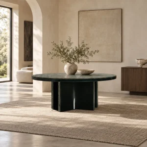 Antica Round Green Stone Table on Cross Base in olive — front view