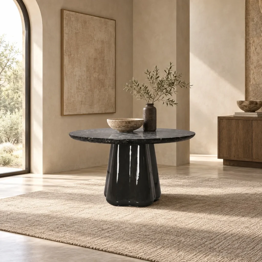 Fia Round Marble Table on Organic Gloss Base in black — front view