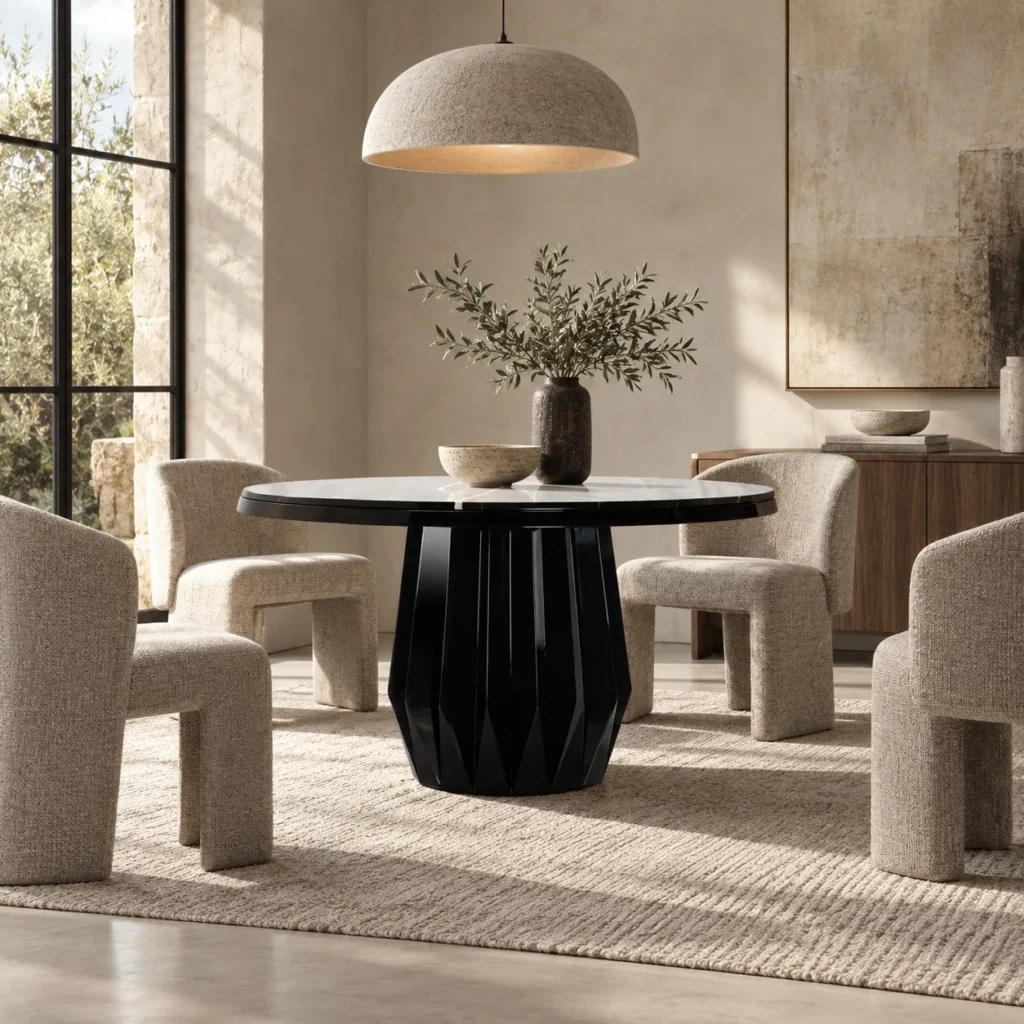 Origami Faceted-Base Round Dining Table in black — front view