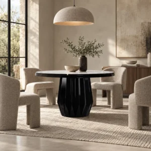 Origami Faceted-Base Round Dining Table in black — in a room setting