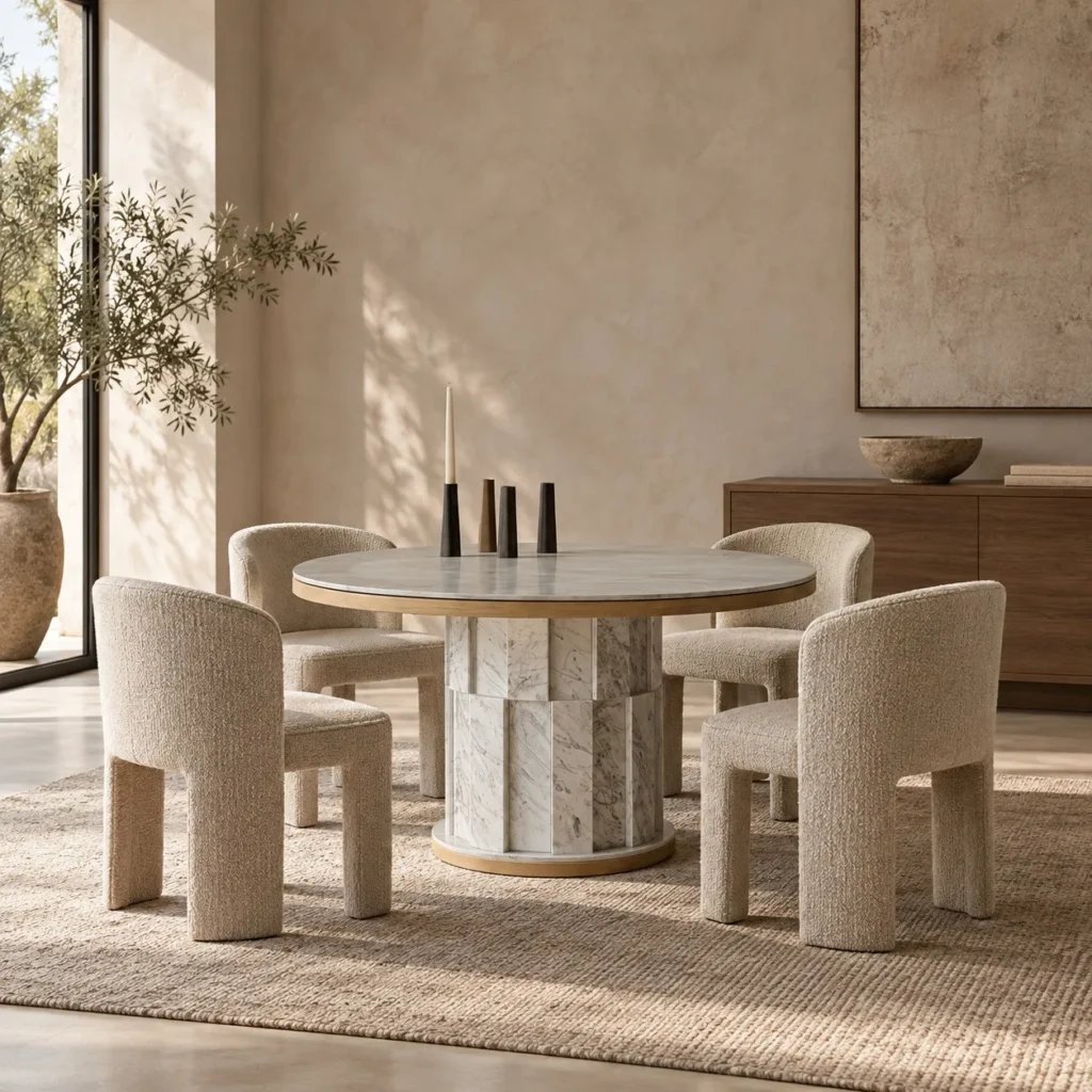 Qilan Fluted Travertine Round Dining Table in oatmeal — front view
