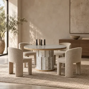 Qilan Fluted Travertine Round Dining Table in oatmeal — in a room setting