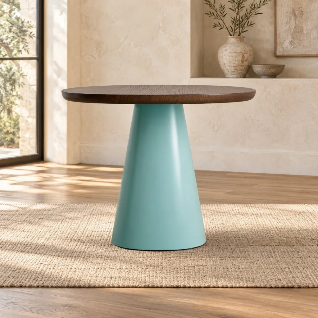Walnut-Top Tea Table on Mint Cone Base in walnut — front view