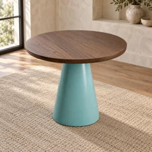 Walnut-Top Tea Table on Mint Cone Base in walnut — in a room setting