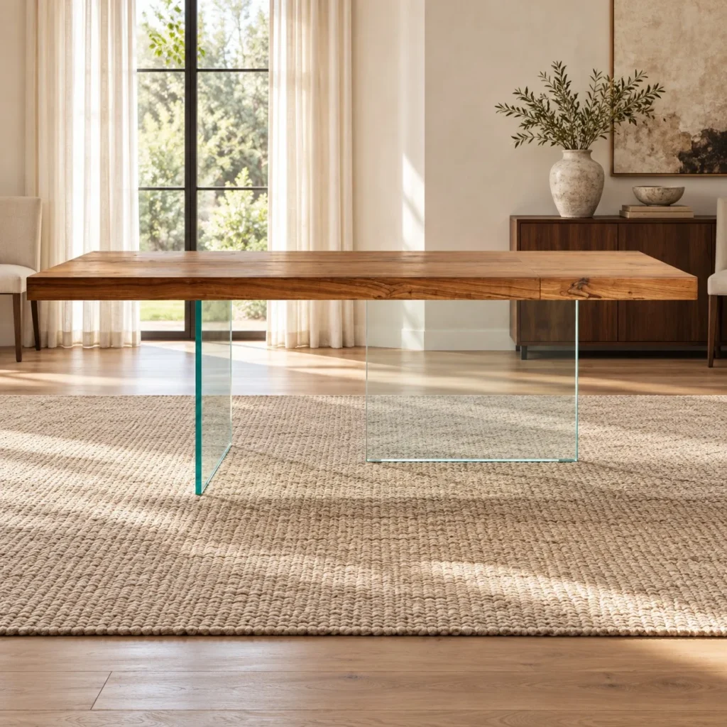 Walnut Slab Table on Clear Glass Legs in walnut — front view