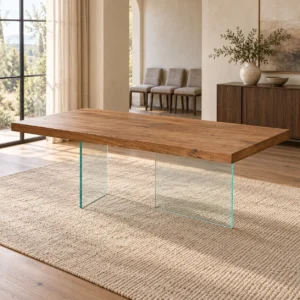 Walnut Slab Table on Clear Glass Legs in walnut — in a room setting
