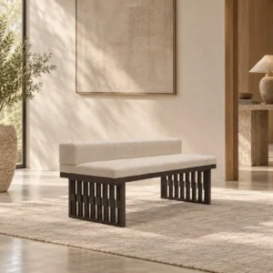 Fudong Dark Wood Slatted Tea Bench with Cream Cushion in black — front view