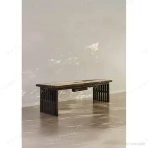 Fudong Dark Wood Slatted Tea Bench with Cream Cushion in black — in a room setting