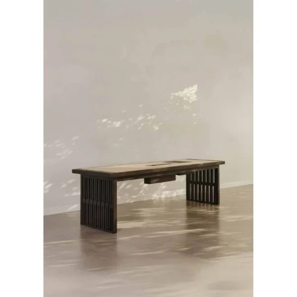 Fudong Dark Wood Slatted Tea Bench with Cream Cushion in black — in a room setting