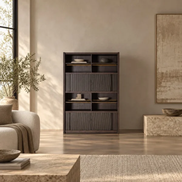 Lange Dark Wood Tea Cabinet in black — in a room setting
