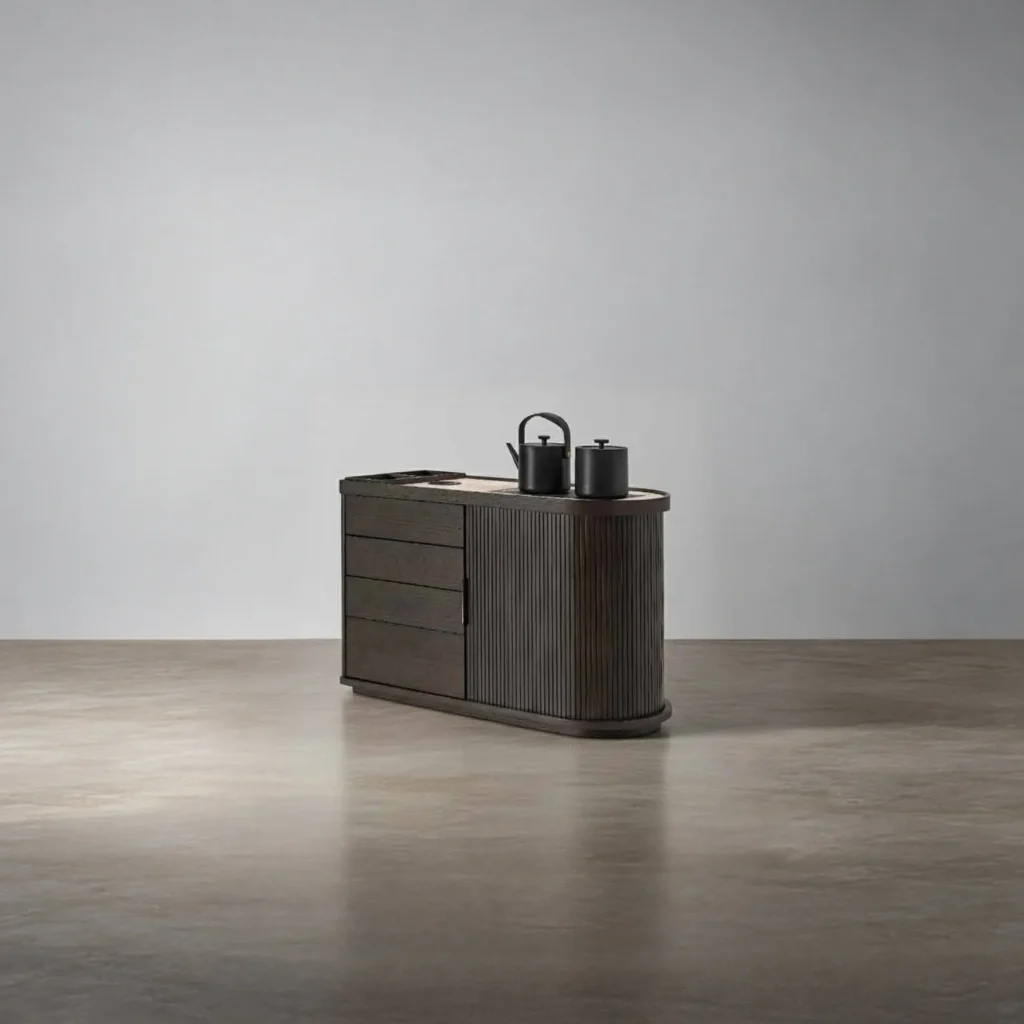 Yuntai Tea Side Cabinet with Sintered Stone Top and Drawers in black — front view