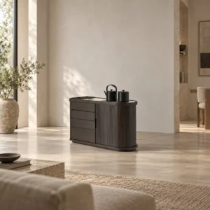 Yuntai Tea Side Cabinet with Sintered Stone Top and Drawers in black — in a room setting