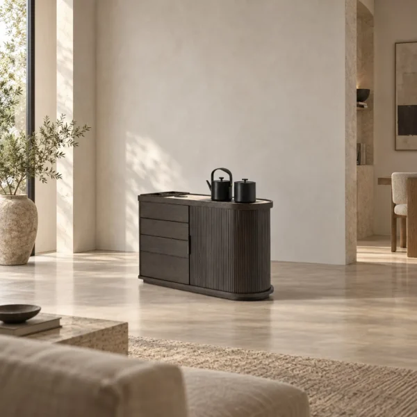 Yuntai Tea Side Cabinet with Sintered Stone Top and Drawers in black — in a room setting