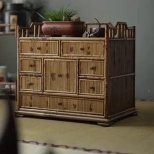 Bamboo Tabletop Multi-Drawer Curio Chest in natural oak — front view