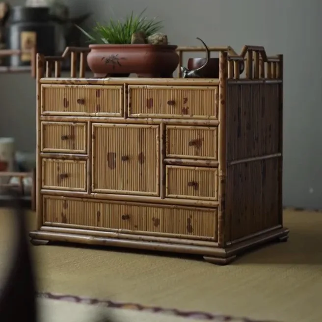 Bamboo Tabletop Multi-Drawer Curio Chest in natural oak — front view