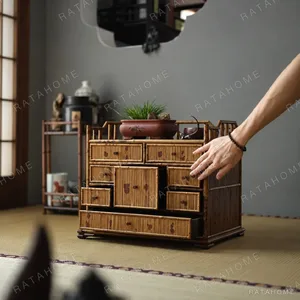 Bamboo Tabletop Multi-Drawer Curio Chest in natural oak — in a room setting