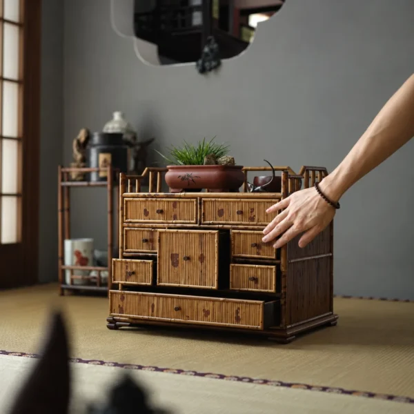 Bamboo Tabletop Multi-Drawer Curio Chest in natural oak — in a room setting