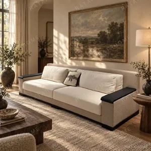 Sofa with Wide Solid Wood Armrests in Cream Fabric — in a room setting