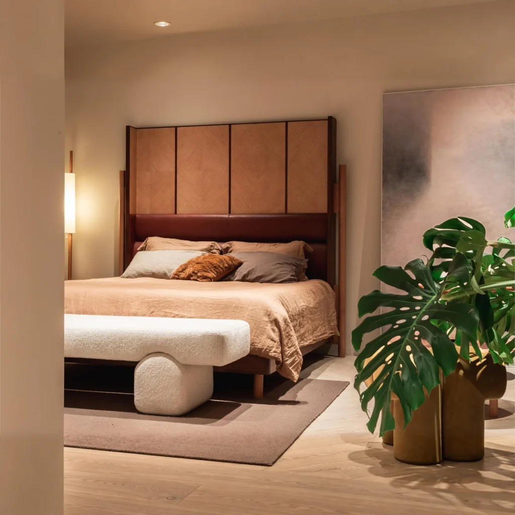 Tall Screen-Back Bed with Marquetry Headboard in clay — front view