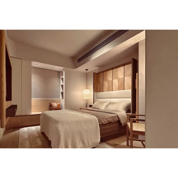 Tall Screen-Back Bed with Marquetry Headboard in clay — in a room setting