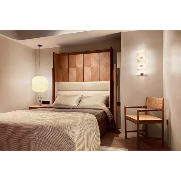 Tall Screen-Back Bed with Marquetry Headboard in clay — in a room setting