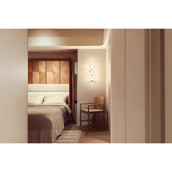 Tall Screen-Back Bed with Marquetry Headboard in clay — in a room setting