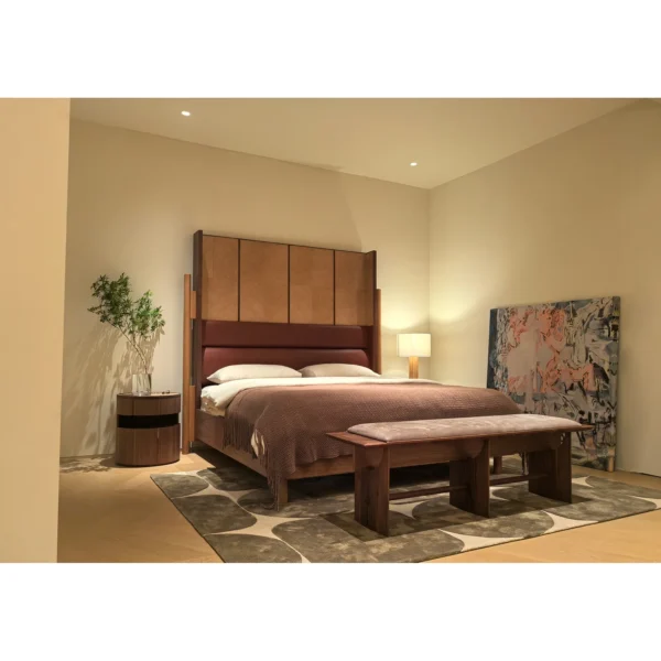 Tall Screen-Back Bed with Marquetry Headboard in clay — in a room setting