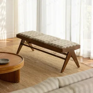 Ash Compass-Leg Bench with Striped Cut Velvet Cushion in walnut — in a room setting