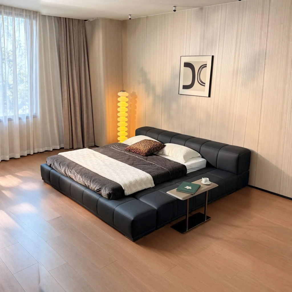 Borui Black Leather Tatami Platform Bed in black — front view