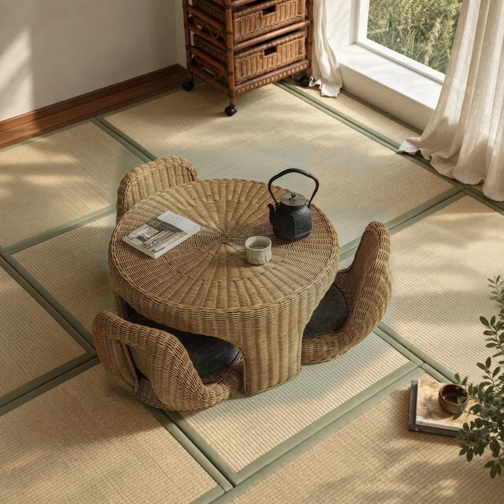 Rattan Tatami Tea Set in natural oak — front view