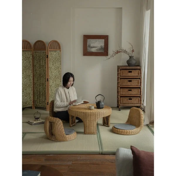 Rattan Tatami Tea Set in natural oak — in a room setting