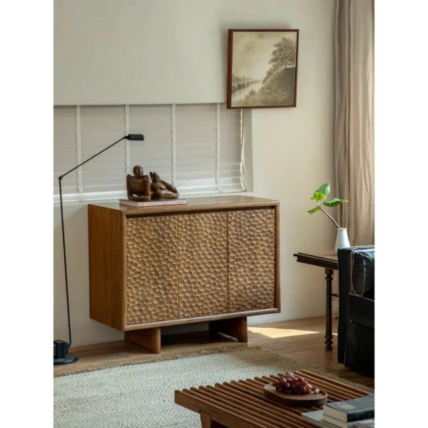 Burmese Teak Sideboard with Wave-Carved Doors in clay — in a room setting