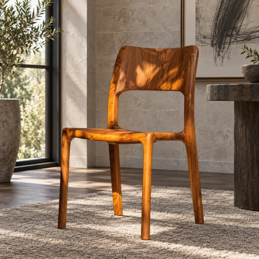 Burmese Teak Sculpted Dining Chair with Open Back in clay — front view