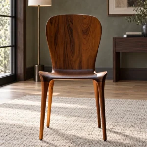 Sculpted Burmese Teak Chair with Grain Back in clay — front view