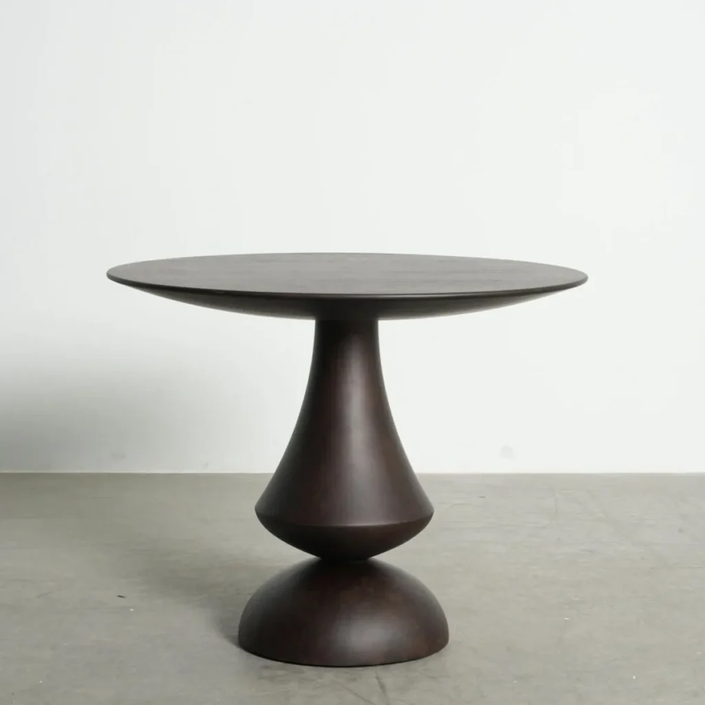 South American Teak Sculpted Pedestal Table in clay — front view